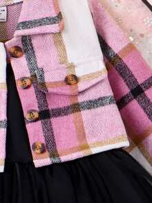 SHEIN Nhỏ bé Cô gái Kẻ sọc Áo khoác Và Lưới Hem Đầm Bộ - Hồng - Xem 3