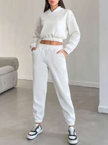 EURMUSE Women's Solid Color Drop Shoulder Long Sleeve Cropped Hoodie And Pants Casual 2-Piece Set - White - View 2