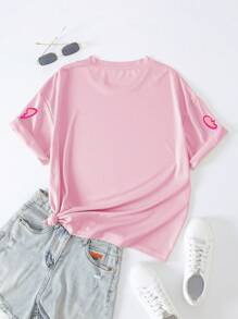 SHEIN Qutie 女卡通小熊印花短袖t卹 - 粉色 - 查看 2