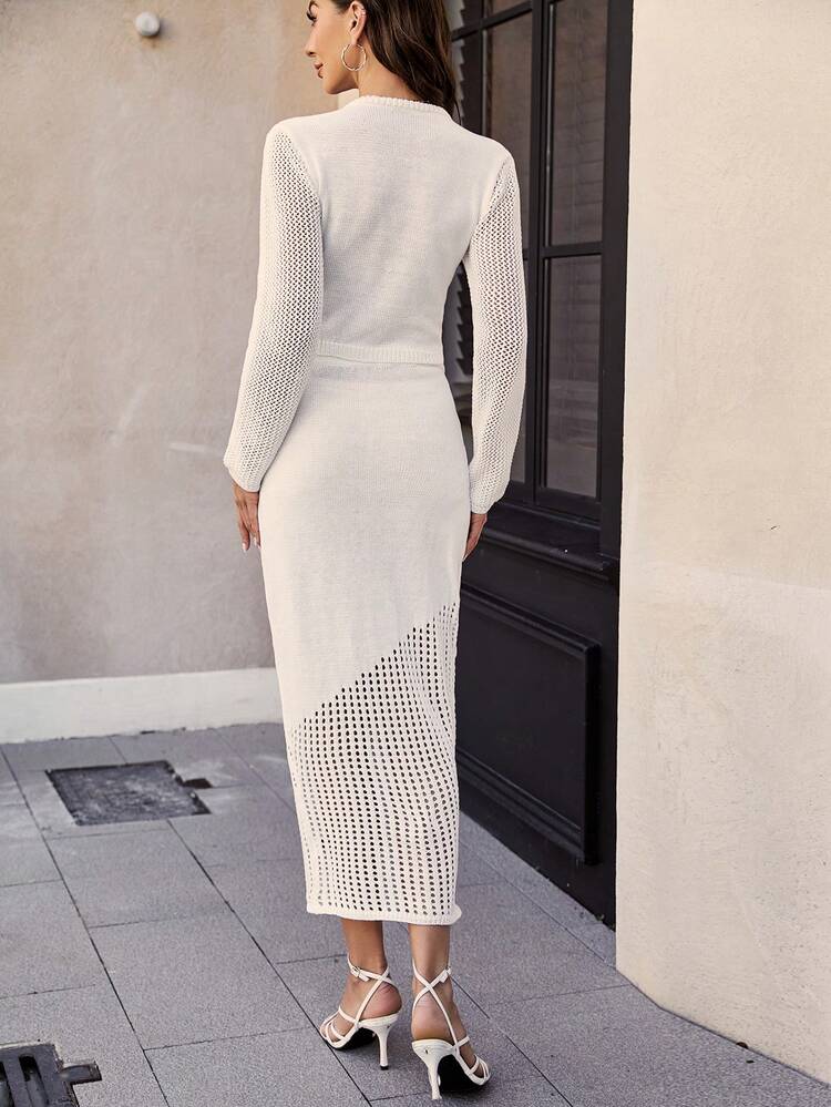 Ladies' Hollow Out Knitted Sweater And Knitted Skirt Two Piece Set Fall Cloth For Women