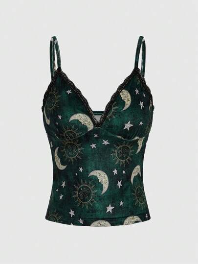 Hippie Sun & Moon Print Lace Trim Cami Top