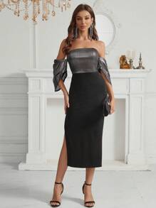 SHEIN Belle Vestido de noche color bloqueo diseño , plata de tela , recto cortar de mujeres formal ( tarea pesada ) - Multicolor - Ver 6