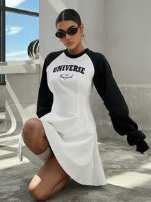 DAZY 女士字母印花插肩袖連身裙 - 白色 - 查看 8