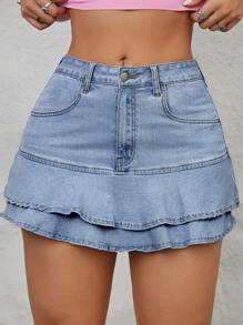 SHEIN ICON Women's Double Layer Ruffle Hem Denim Skirt - Light Wash - View 4