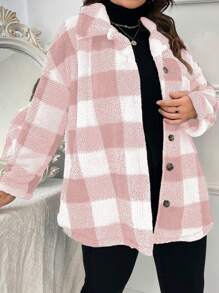SHEIN LUNE Plus大小格紋下垂肩抱抱外套 - 粉色 - 查看 5