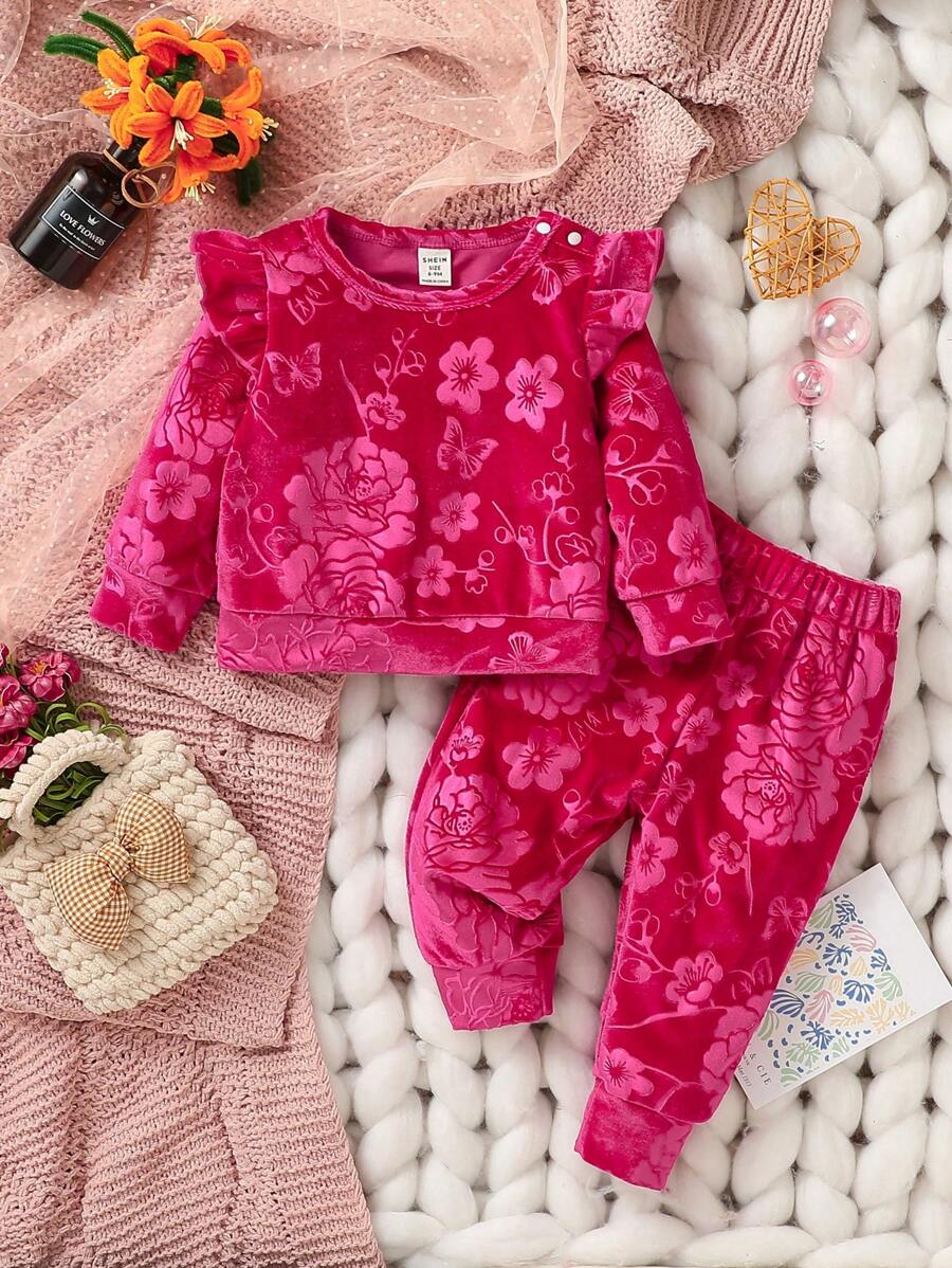 女婴压纹天鹅绒圆领盖袖运动衫和裤子套装，秋冬季时尚街头风格优雅派对装 - 玫紅色 - 查看 1