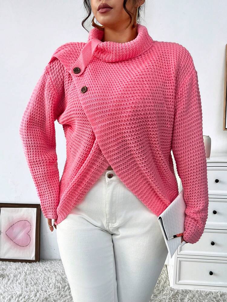 Plus Size High Neck Drop Shoulder Button Detail Sweater Pullover Knit Pullover Fall Winter Sweater