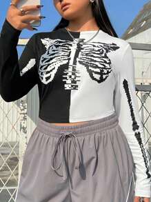 SHEIN EZwear Women's Plus Size Dual-color Skeleton Printed T-shirt - Black and White - View 5