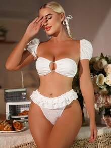 SHEIN Ruffle Trim Bandeau Lingerie Set With Sleeves - White - View 3