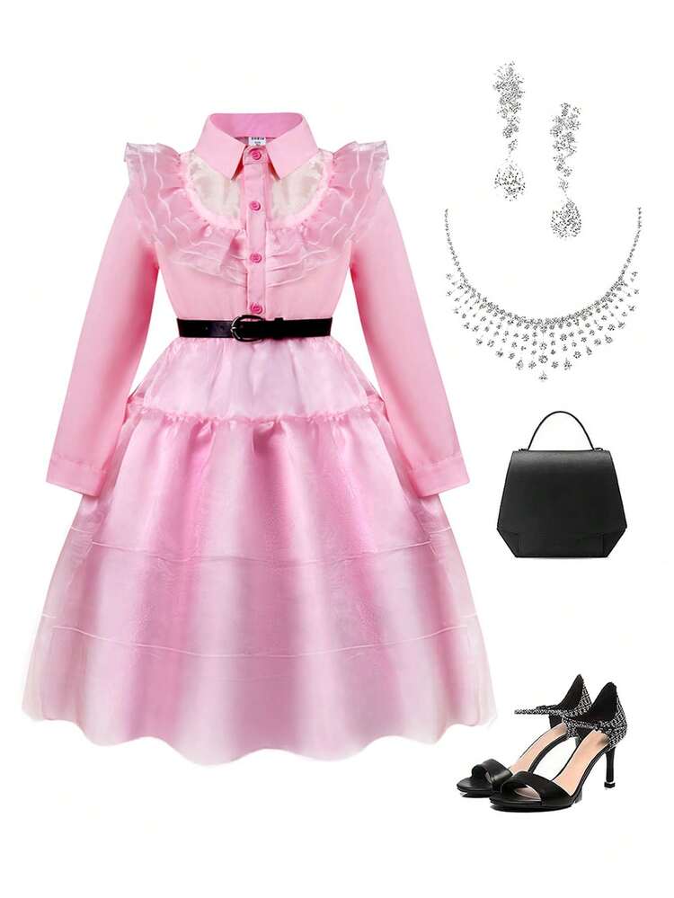 Tween Girl Vintage Stylish Mesh Contrast A-Line Dress With Ruffled Trim For Autumn