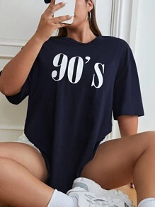 SHEIN EZwear 加大尺碼文字印花短袖t恤 - 藏蓝色 - 查看 3