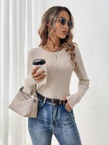 SHEIN LUNE Quý cô Màu thuần Sọc Áo thun - Màu Khaki - Xem 4