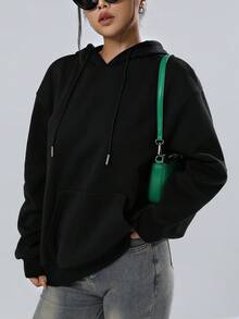 SHEIN EZwear 女字母印花抽繩連帽衫 - 黑色 - 查看 3