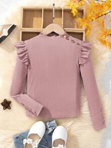 SHEIN Tween女孩荷葉邊細節鈕扣t恤 - 淺粉色 - 查看 1