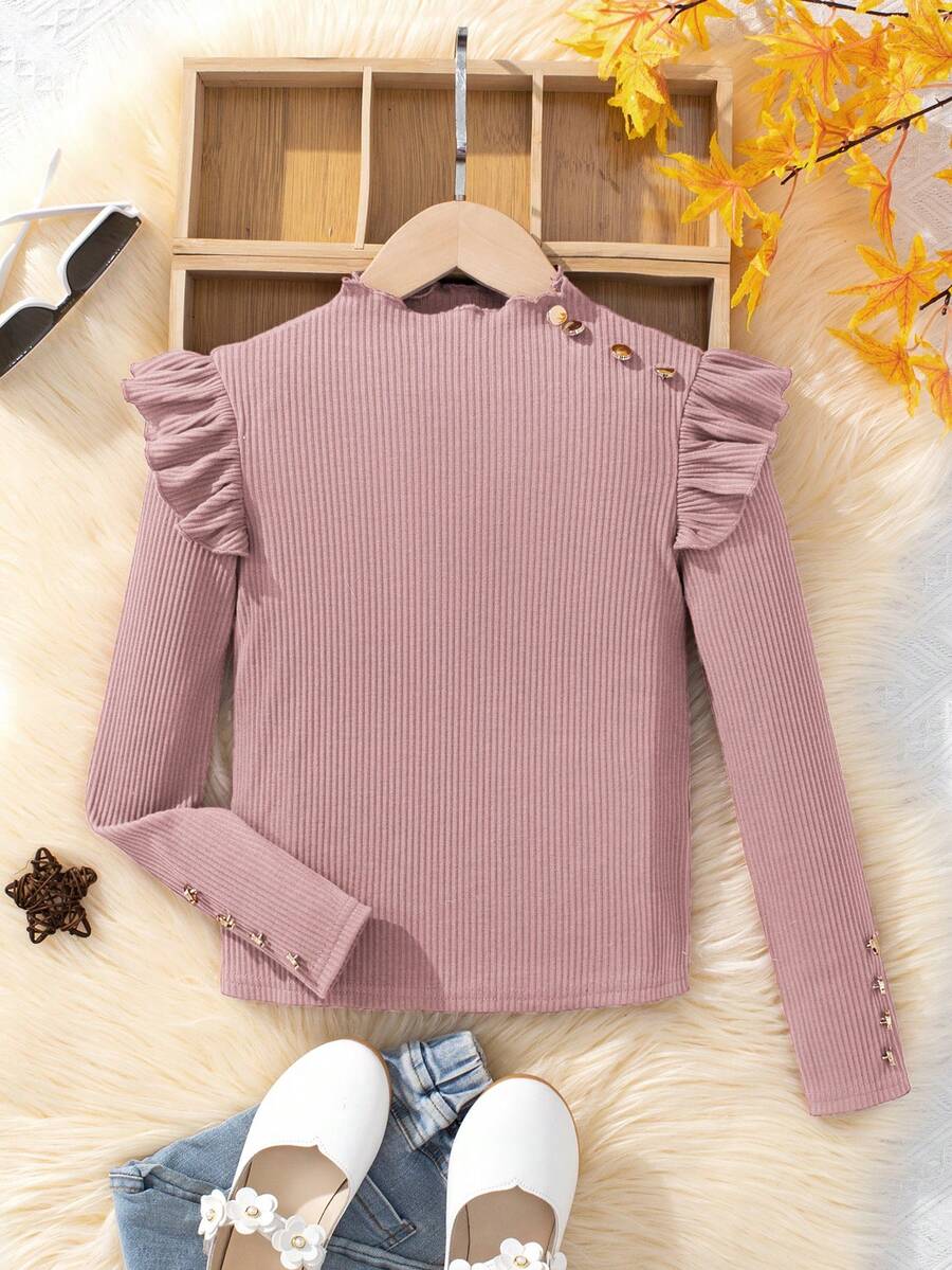 SHEIN Tween女孩荷葉邊細節鈕扣t恤 - 淺粉色 - 查看 1