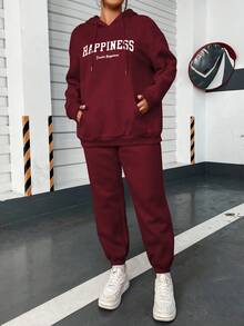 Flirla Hơn Đồ họa Chữ cái Túi kangaroo Lót nhiệt Dây rút Áo Hoodie & Quần thể thao - Màu Đỏ Sâu - Xem 5