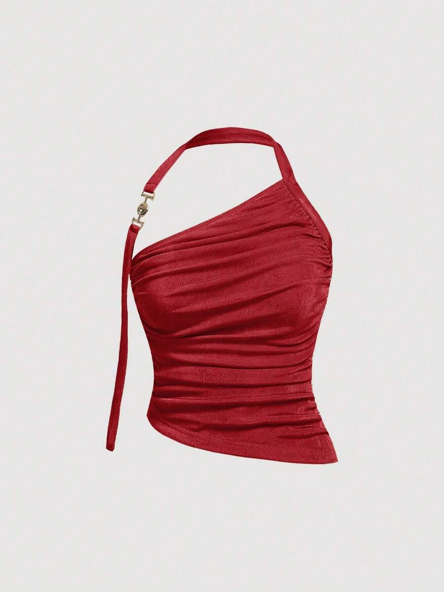 SHEIN MOD One Shoulder Ruched Asymmetrical Hem Crop Top - Burgundy - View 1