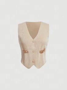 SHEIN MOD 紐扣水鑽裝飾毛衣背心 - 杏色 - 查看 1