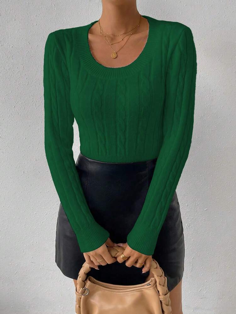 Solid Color Round Neck Cable Knitted Slim Fit Sweater Fall Winter