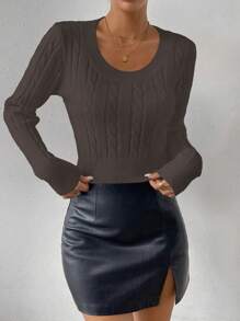 Chiquease Áo len chui đầu dáng ôm, cổ tròn, màu trơn, dệt kim kiểu dây cáp, thích hợp cho mùa thu đông. - Màu Khaki - Xem 3