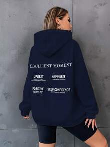 SHEIN Unity Loose Hoodie With Letter Printing And Drop-shoulder Design - Navy Blue - View 3