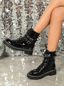 女冬季高跟粗跟黑色繫帶靴及踝短靴 - 黑色 - 查看 1