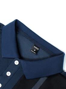 Manfinity Homme 男士条纹印花 Polo 衫、男士双色 Polo 衫、男士拼色 Polo 衫、男士蓝黑 Polo 衫 - 藏蓝色 - 查看 5