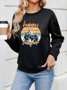 SHEIN LUNE Women's Mountain Peak And Letter Print Drop Shoulder Sweatshirt - Black - View 1