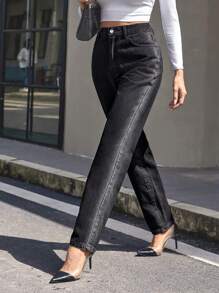 SHEIN Privé 高腰直筒牛仔褲 - 黑色 - 查看 5