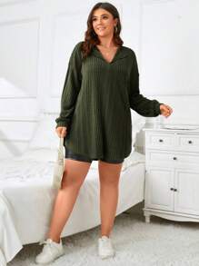 SHEIN Essnce Áo thun có viền cong trễ vai màu trơn cỡ lớn - xanh quân đội - Xem 5