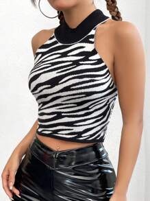 SHEIN EZwear Zebra Pattern Knit Top - Black and White - View 4