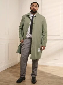 Manfinity VCAY Loose Plus Size Men's Text Patch Woven Casual Long Trench Coat, For Fall Winter - Green - View 1