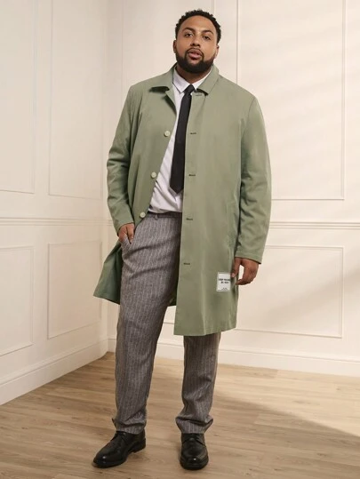 Manfinity VCAY Loose Plus Size Men's Text Patch Woven Casual Long Trench Coat, For Fall Winter