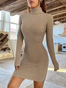 SHEIN Unity Turtleneck Solid Ribbed Knit Sweater Dress - Apricot - View 5