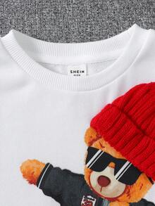 SHEIN Boy's Cute And Comfortable Cartoon Bear Pattern Beanie Decorated Round Neck Sweatshirt - White - View 5