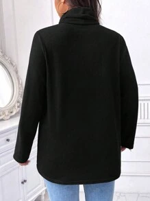 SHEIN LUNE 大碼女性高領下擺開叉外套 - 黑色 - 查看 2