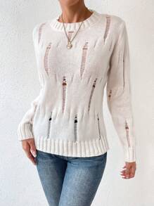 Chiquease Áo len chui đầu cổ tròn màu trơn kiểu cổ điển dành cho mùa thu đông. - Màu be - Xem 3