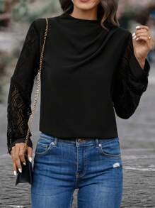 SHEIN Clasi 蕾絲袖子荷葉領襯衫 - 黑色 - 查看 4