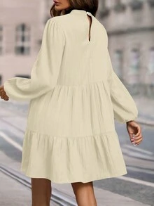 SHEIN LUNE Stand Collar Solid Color Lantern Sleeve Ruffled Hem Doll Dress With Long Sleeves - Apricot - View 2