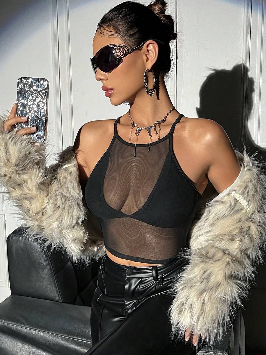 Allurite 女士網格短上衣 - 黑色 - 查看 1