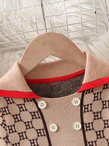 Em bé Cô gái Đầm Áo len Với Giường đôi In thư Và Nút Đồ trang trí - Màu Khaki - Xem 4