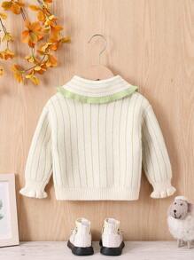 SHEIN Girls Striped Large Lapel Cardigan - Green - View 2