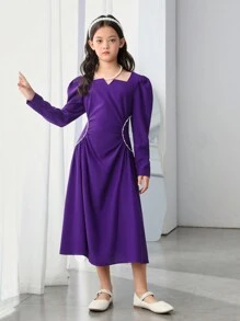 SHEIN 女大童缺口領羊腿袖前收褶洋裝 - 紫色 - 查看 3