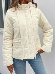 SHEIN LUNE Women's Zipper Closure Diamond Print Winter Clothes Padded Padded Coat - Beige - View 4