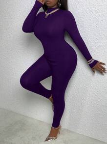 Slaydiva Women's Plus Size Stand Collar Slim Fit Jumpsuit - Purple - View 1