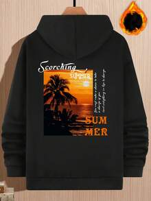Manfinity Hypemode Men's Coconut Tree & Letter Print Drop Shoulder Hooded Fleece Sweatshirt - Black - View 3