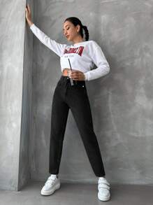 EURMUSE Women's Tapered Jeans - Hitam - View 3