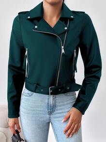 SHEIN Cottnline Women's Turn-down Collar Zipper Front Jacket - Dark Green - View 2