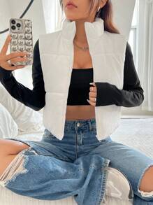 SHEIN EZwear Dây kéo Áo gi lê Lông vũ - trắng - Xem 5