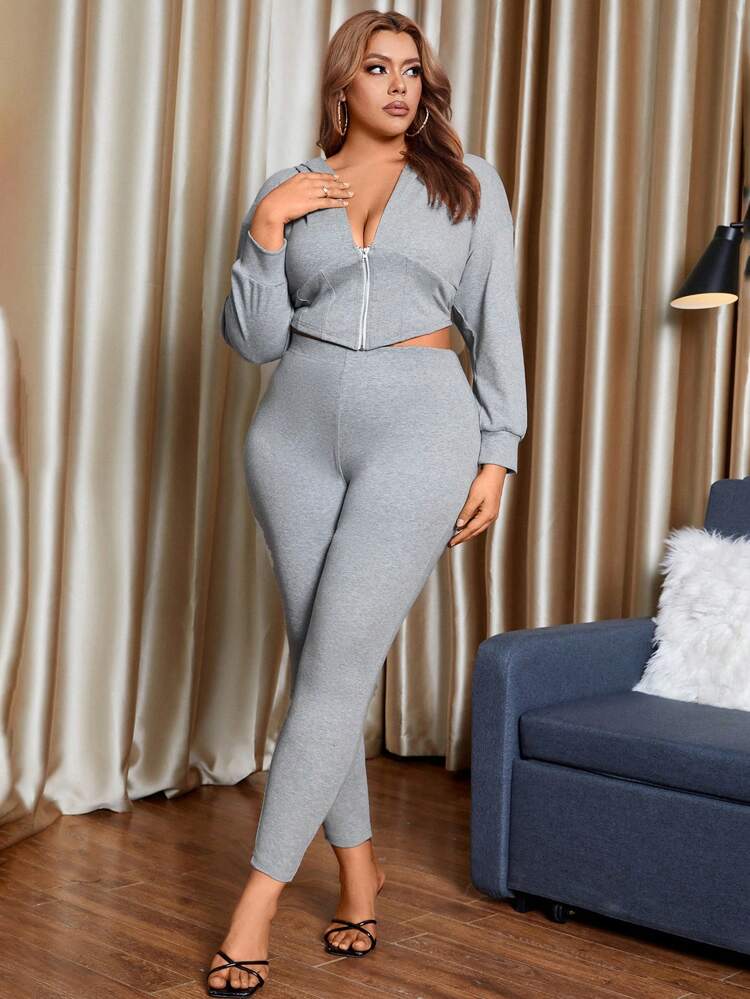 Plus Size Women's Asymmetrical Hem Deep V-Neck Sweatshirt And Leggings Set
